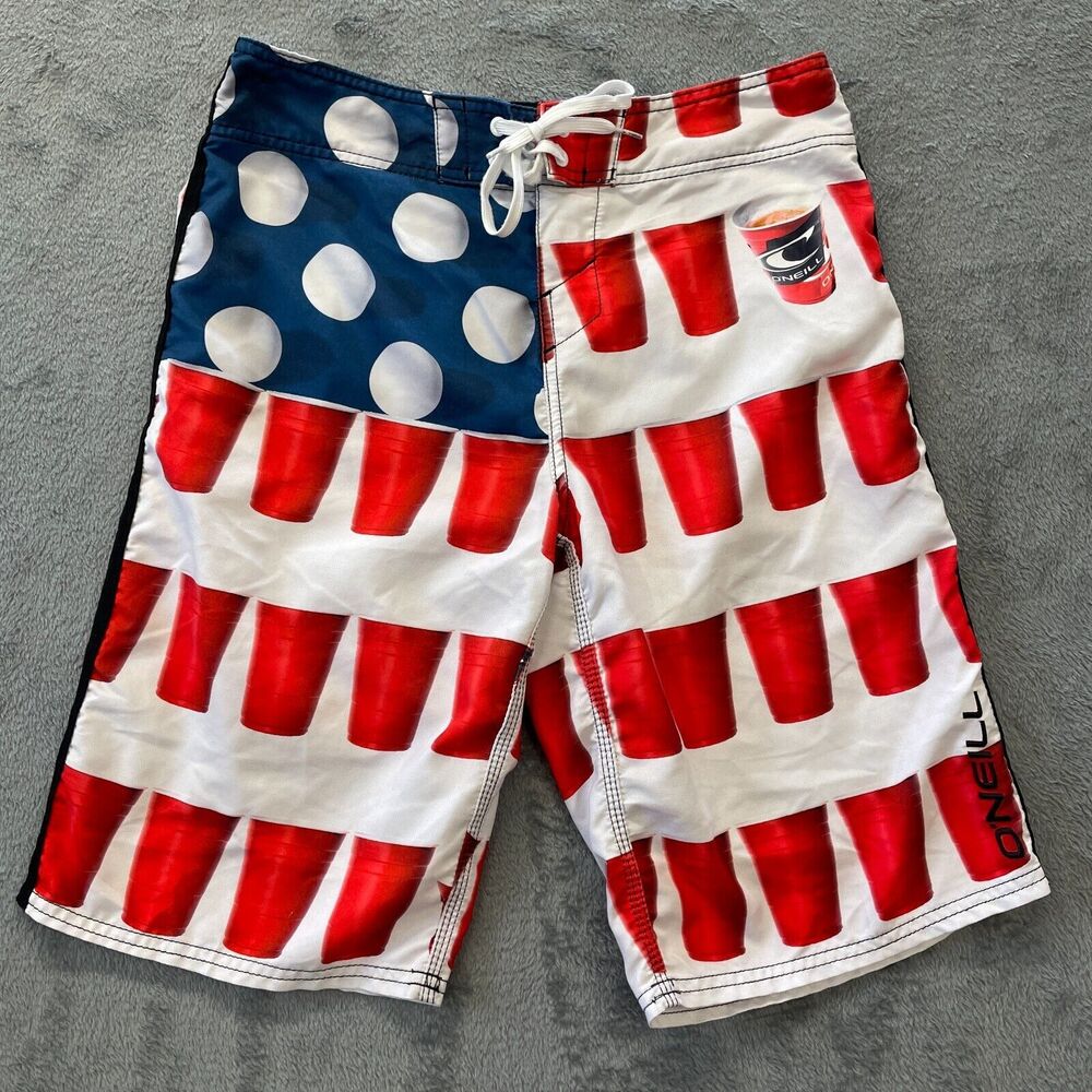 O'Neill Board Shorts Mens 30 Red White Blue USA Flag Beer Pong Swim Trunks Surf